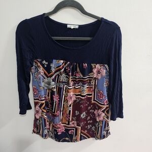 Women's blouse Ava James small super soft navy floral geometric fall colors